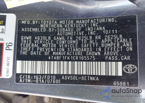 2012 Toyota Camry from USA, damaged, VIN 4T4BF1K1CR165575